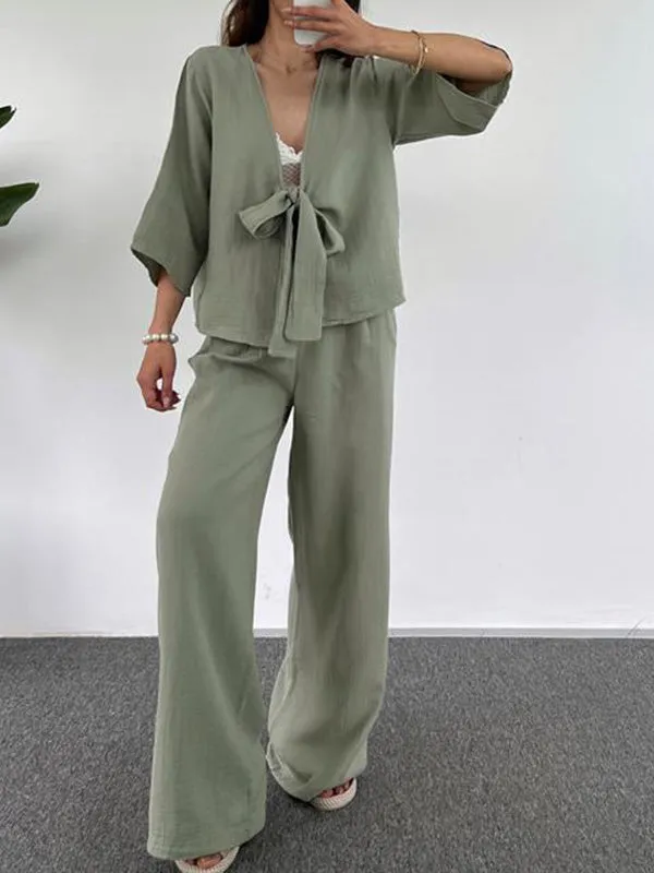 2Pcs Cropped Sleeve Tie Up Lounge Set