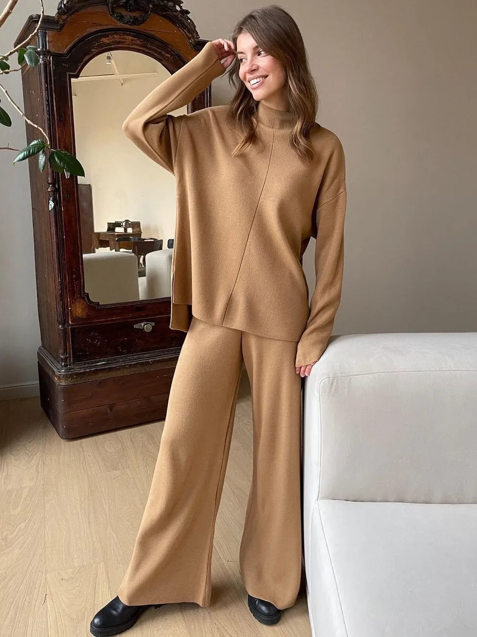 2Pcs Mock Neck Knit Loungewear