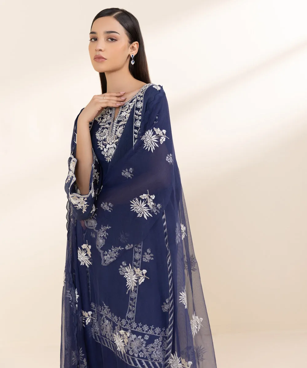 3 Piece - Embroidered Khaddi Net Suit