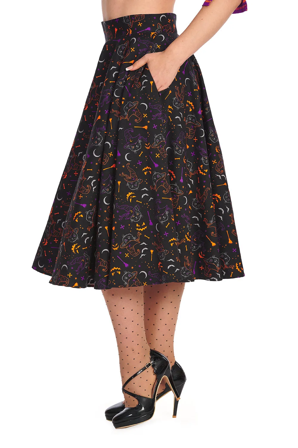 Banned All Hallows Cat Swing Skirt with Pockets Halloween