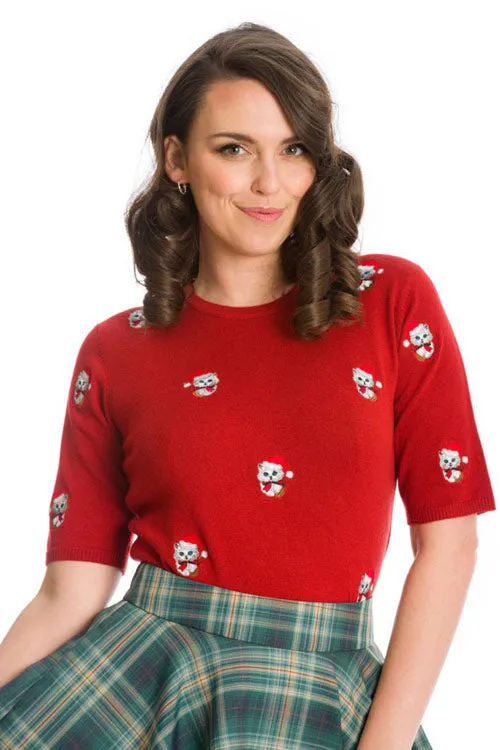 Banned Holly Cat Top in Red Christmas