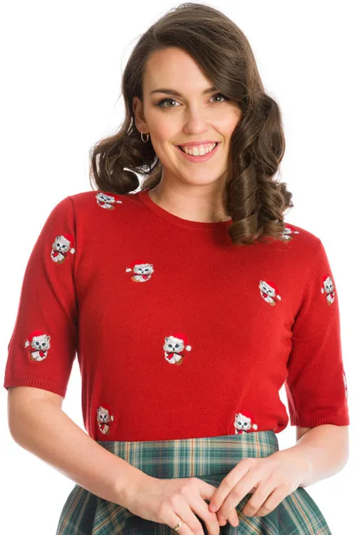 Banned Holly Cat Top in Red Christmas