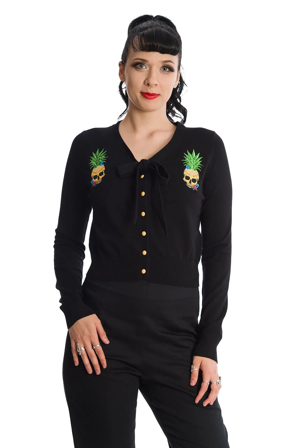 Banned Pineapple Skull Cardigan with Tie Neck