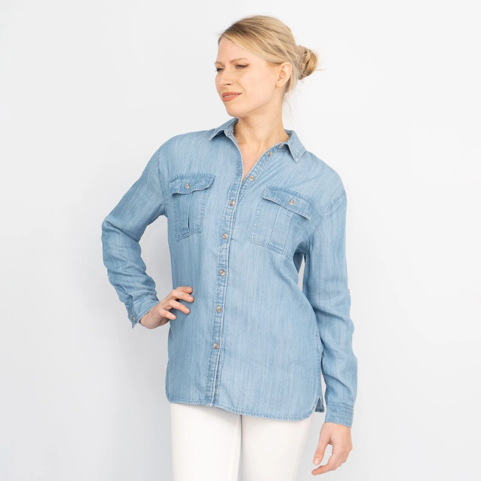 Blue Chambray Soft Linen Rich Long Sleeve Shirt Button-Up Tops