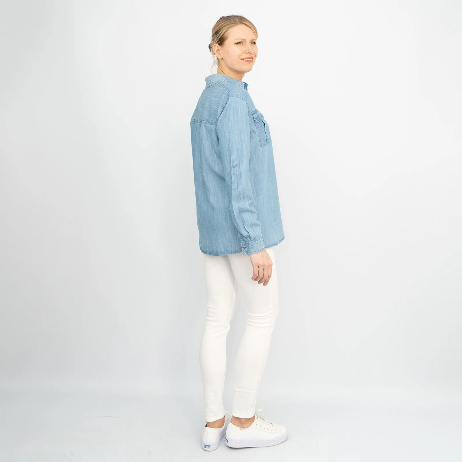 Blue Chambray Soft Linen Rich Long Sleeve Shirt Button-Up Tops