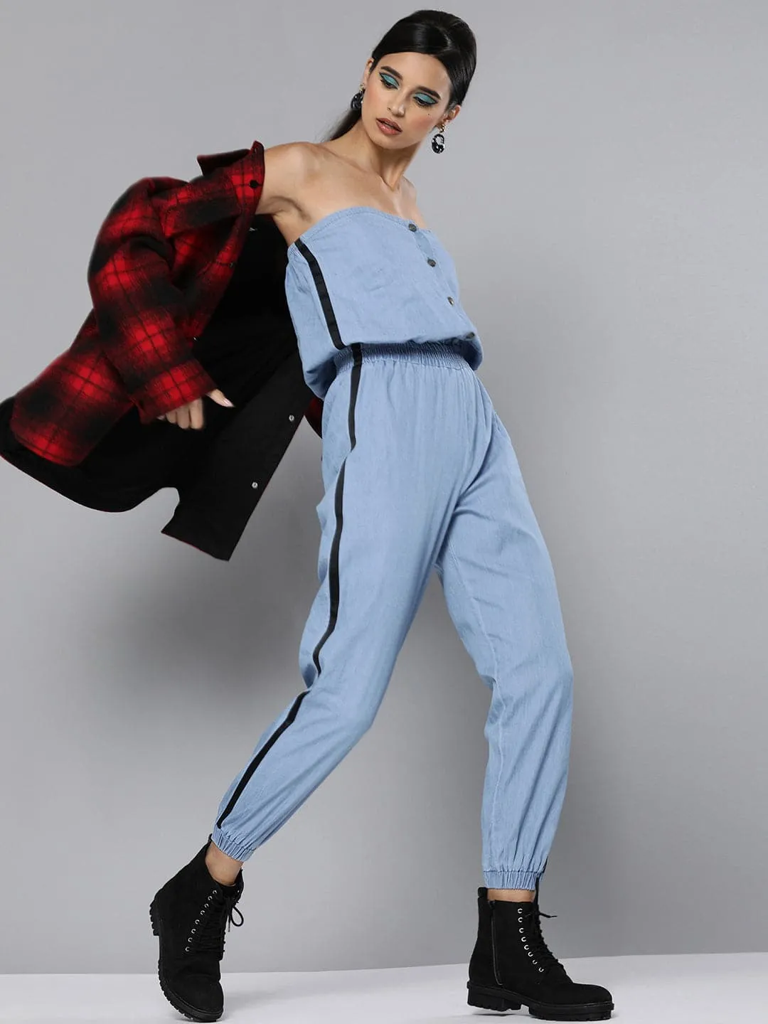 Blue Denim Side Tape Tube Jumpsuit