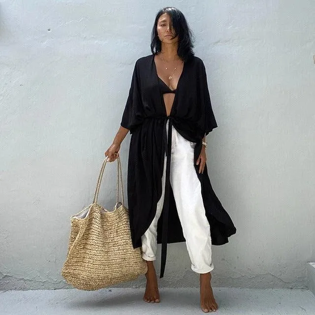 Bohemian Long Kimono, Beach Cover Up Kimono, Solid Color Bohemian Kimono