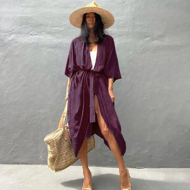 Bohemian Long Kimono, Beach Cover Up Kimono, Solid Color Bohemian Kimono