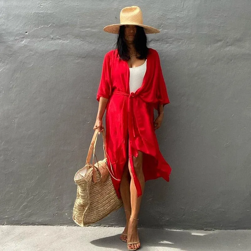 Bohemian Long Kimono, Beach Cover Up Kimono, Solid Color Bohemian Kimono