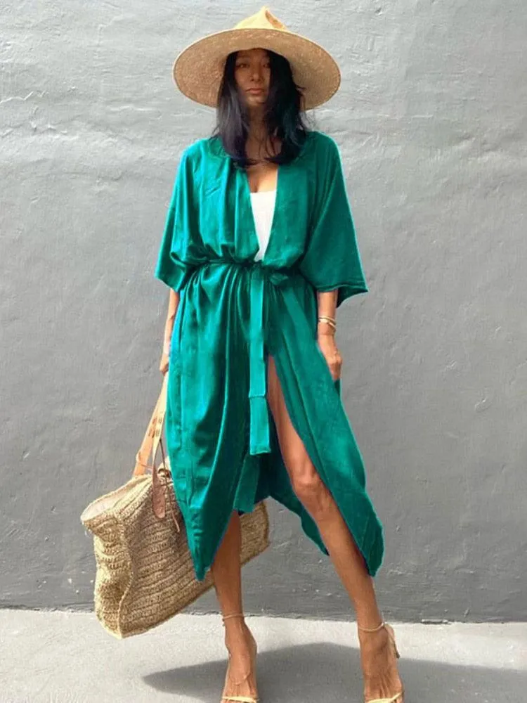 Bohemian Long Kimono, Beach Cover Up Kimono, Solid Color Bohemian Kimono