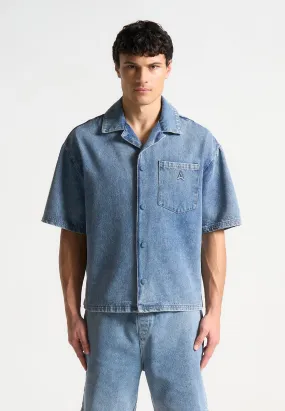 Boxy Denim Revere Shirt - Mid Blue