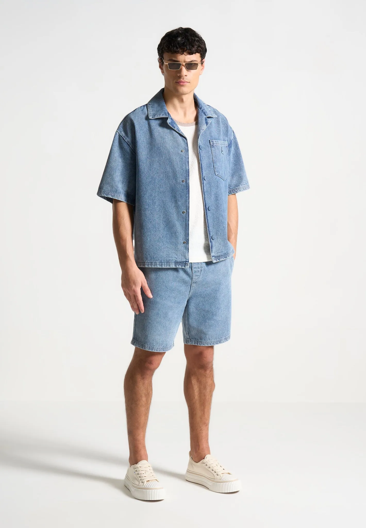 Boxy Denim Revere Shirt - Mid Blue