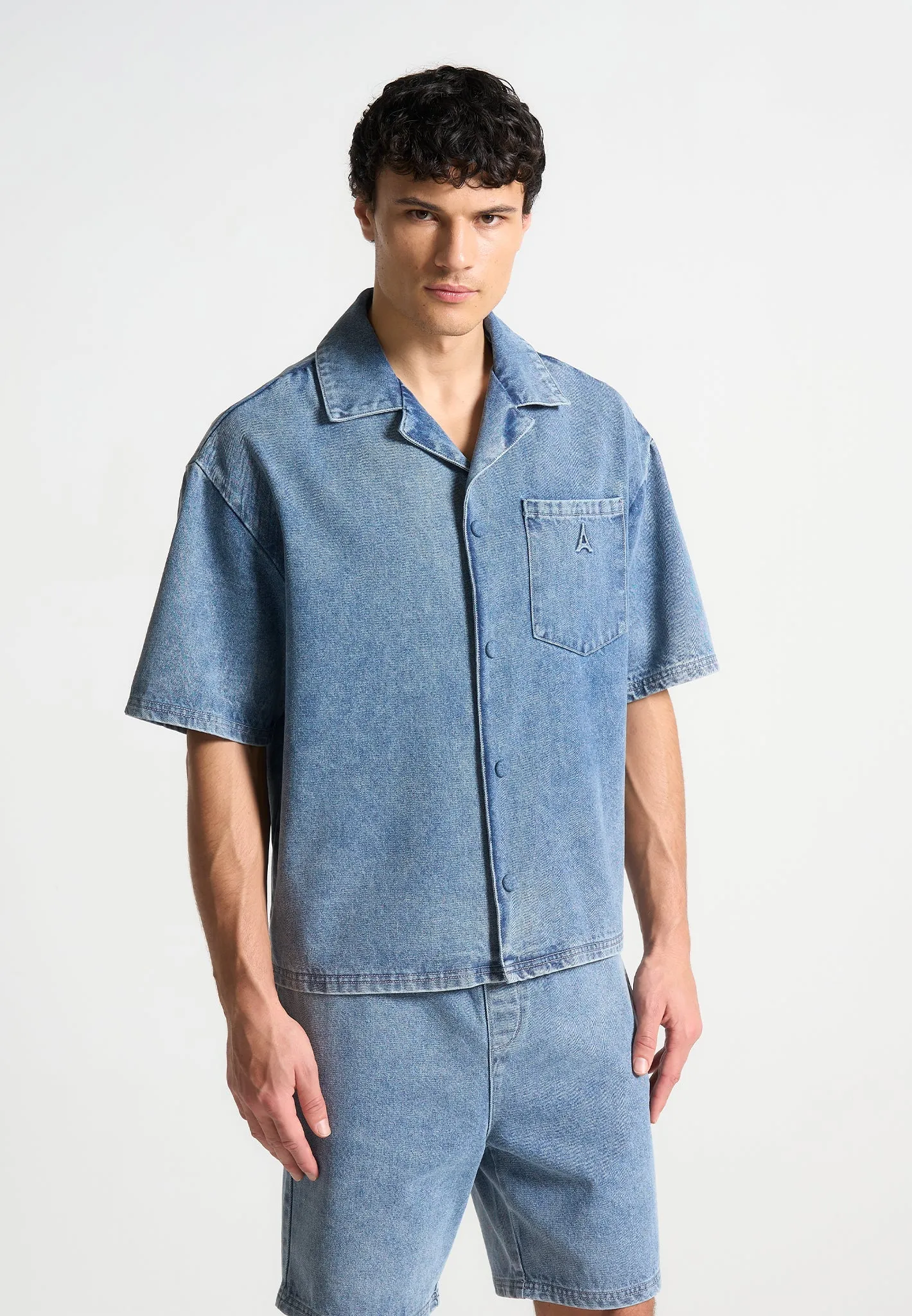 Boxy Denim Revere Shirt - Mid Blue