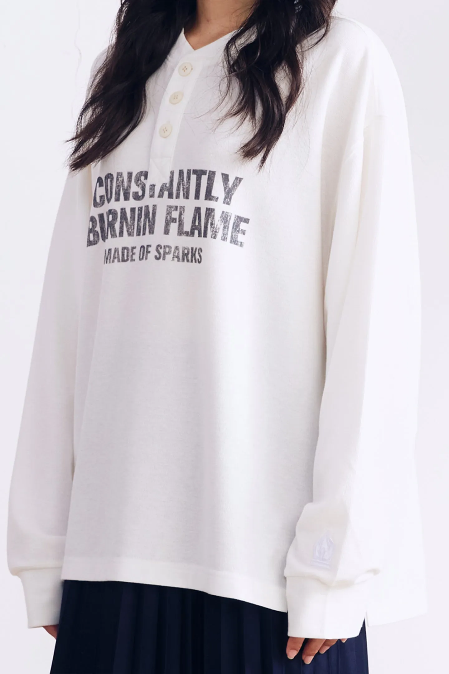 BURNIN*97'Series Worn Slogan Waffle Henley Collar Long Sleeve T-shirt