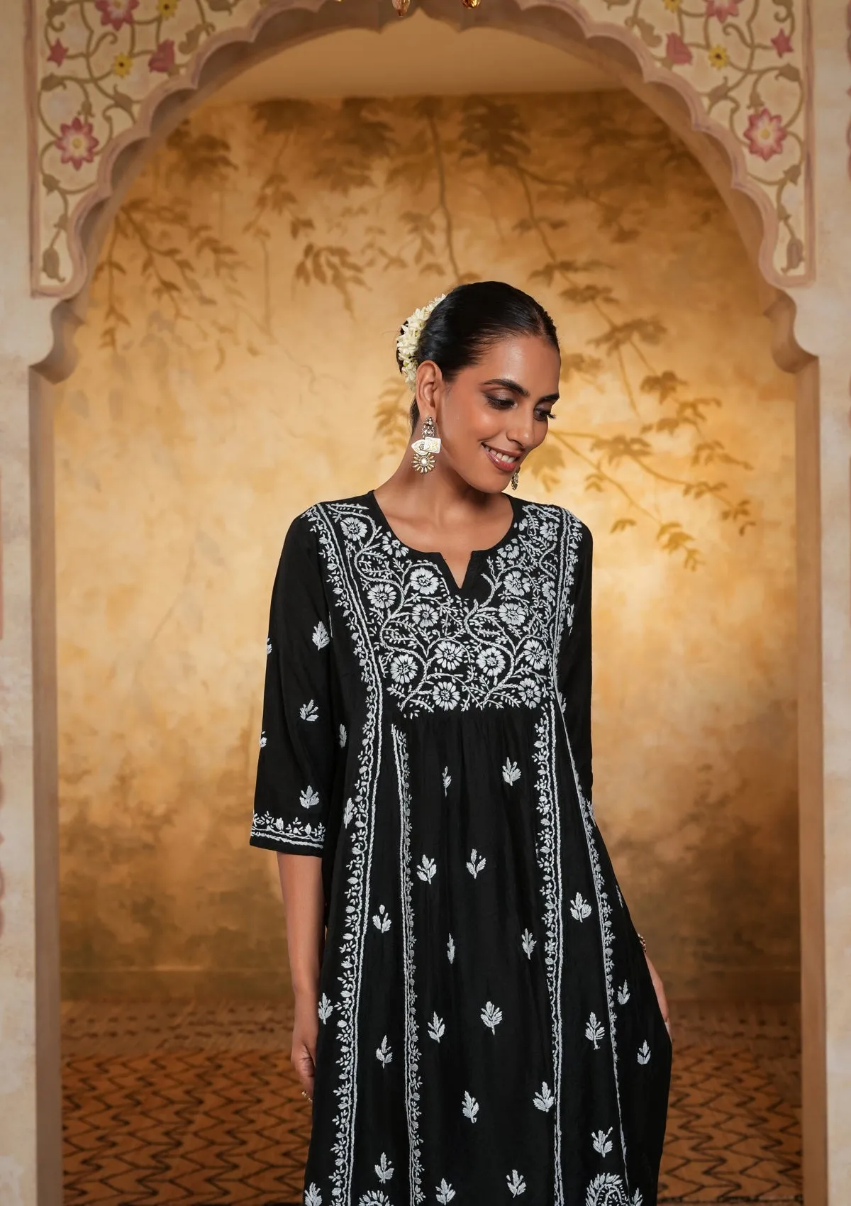 Chanderi Chikankari Solid Women's Long Kurta - Black