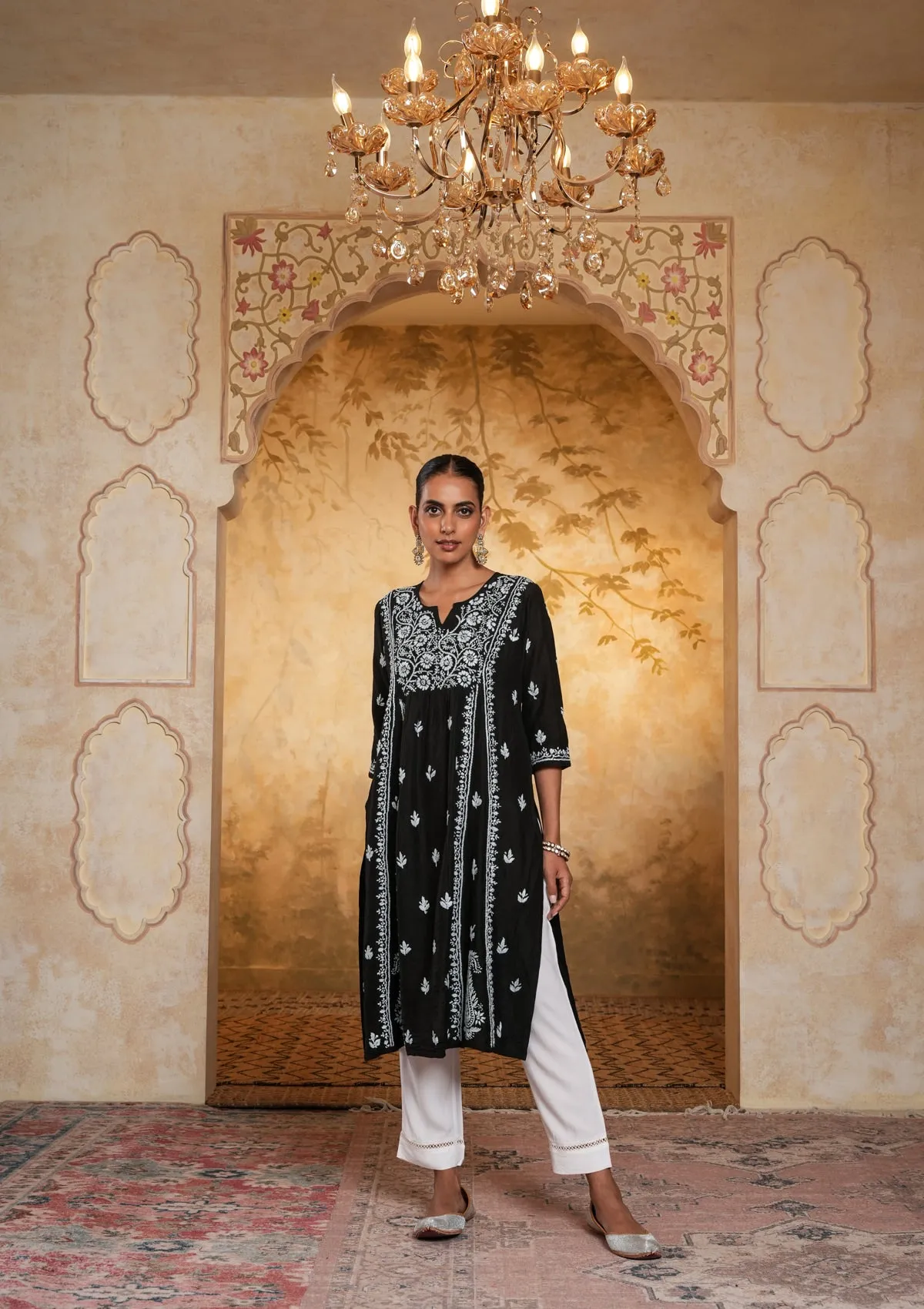 Chanderi Chikankari Solid Women's Long Kurta - Black