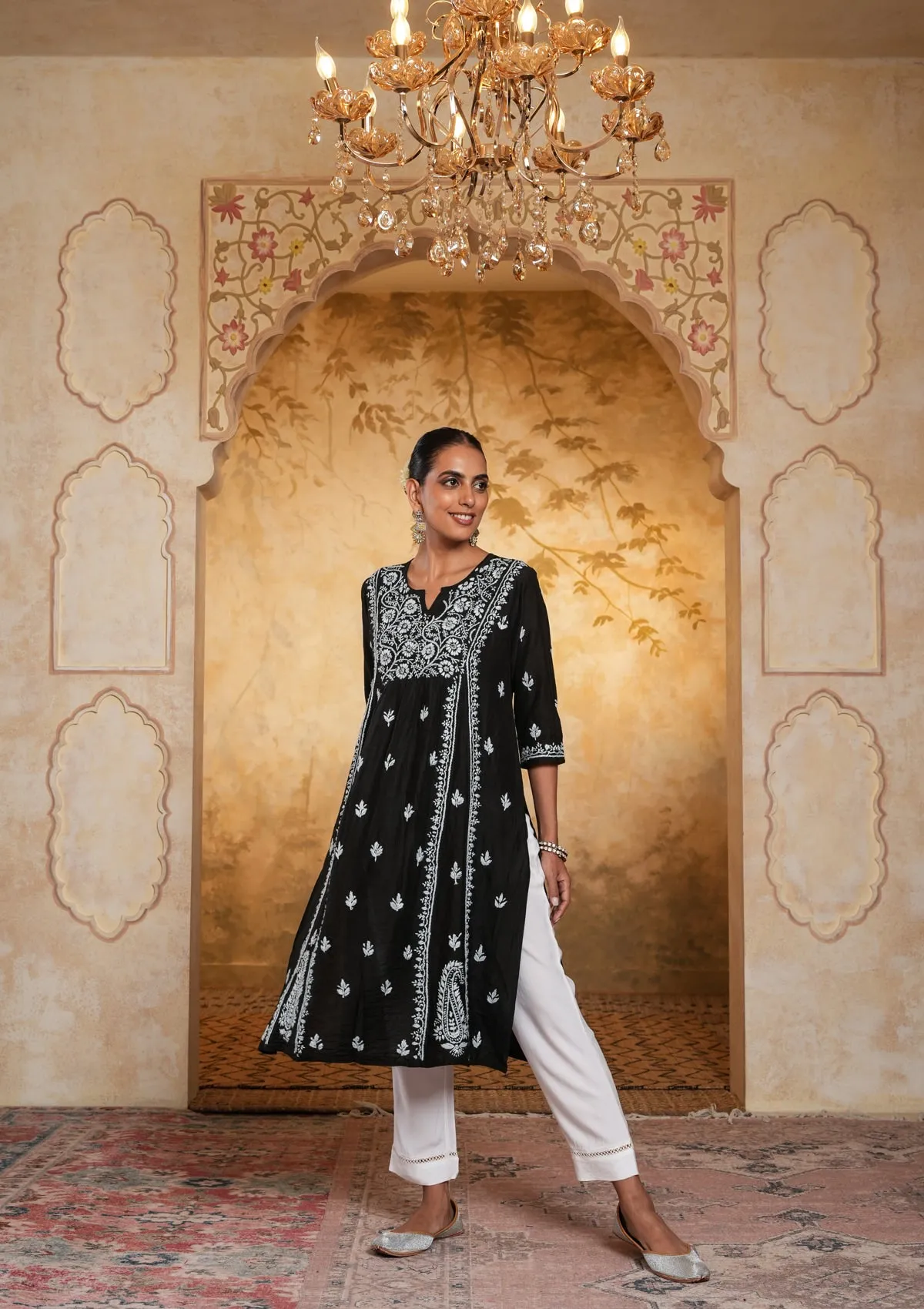 Chanderi Chikankari Solid Women's Long Kurta - Black