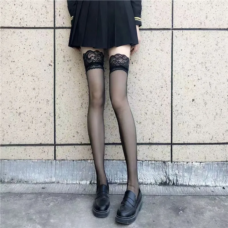 Costumes Women Sexy Thigh High Fishnet Stockings Lolita Girls Gothic Punk Transparent Over Knee Red Wide Edge Long High Socks