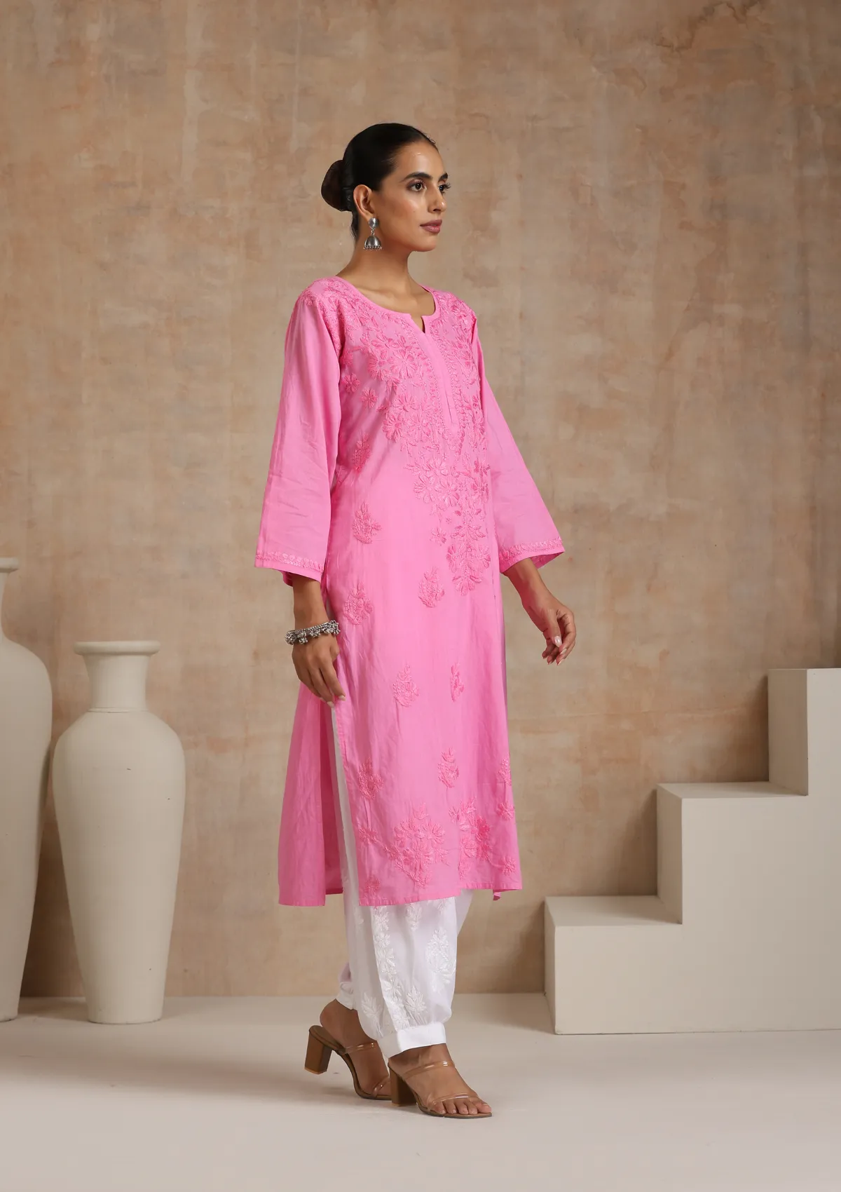 Cotton Chikankari Solid Women's Long Kurta - Pink