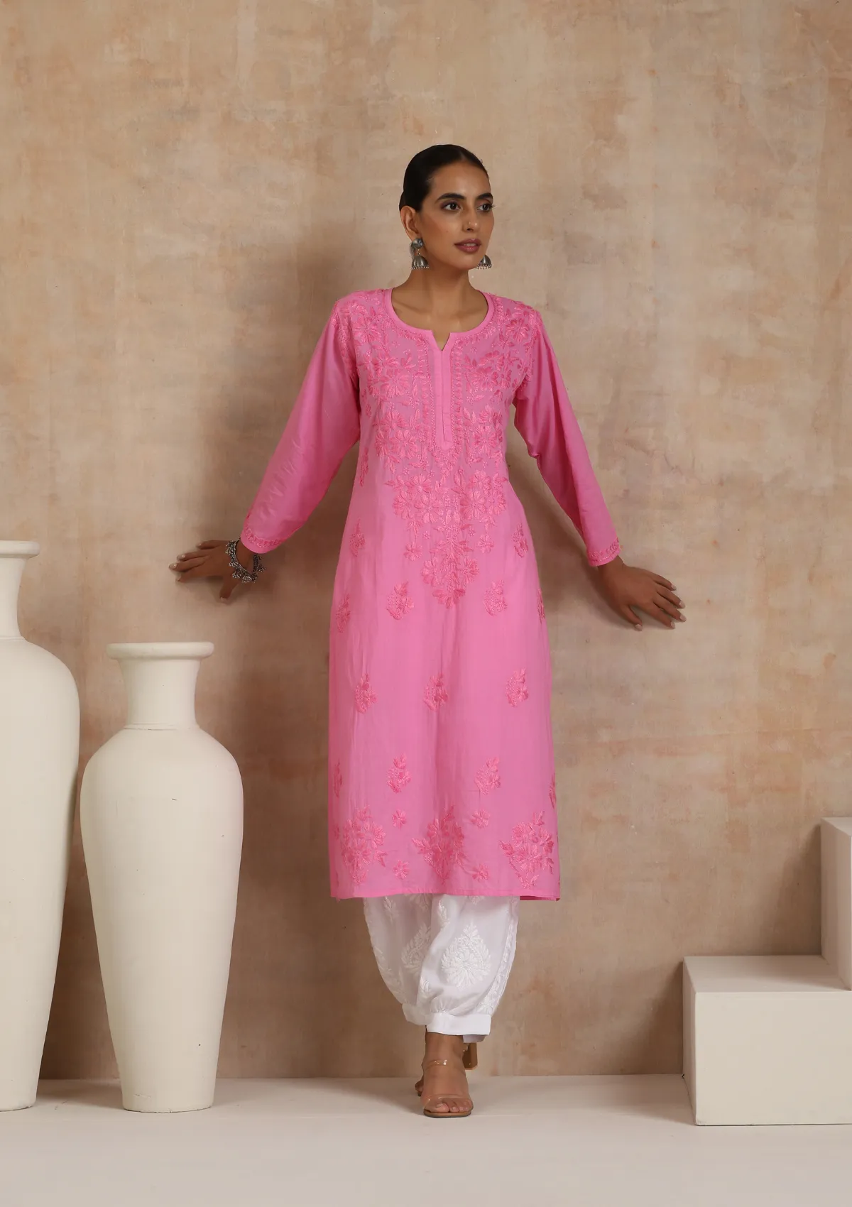 Cotton Chikankari Solid Women's Long Kurta - Pink