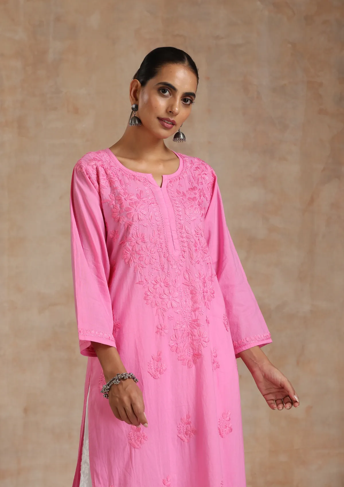 Cotton Chikankari Solid Women's Long Kurta - Pink