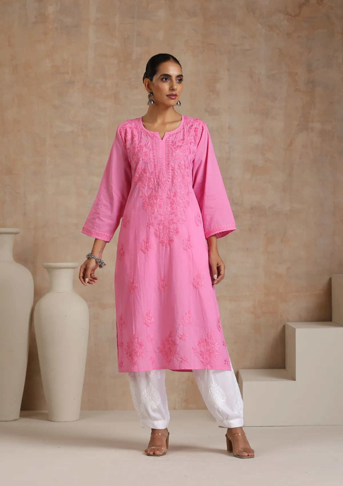 Cotton Chikankari Solid Women's Long Kurta - Pink