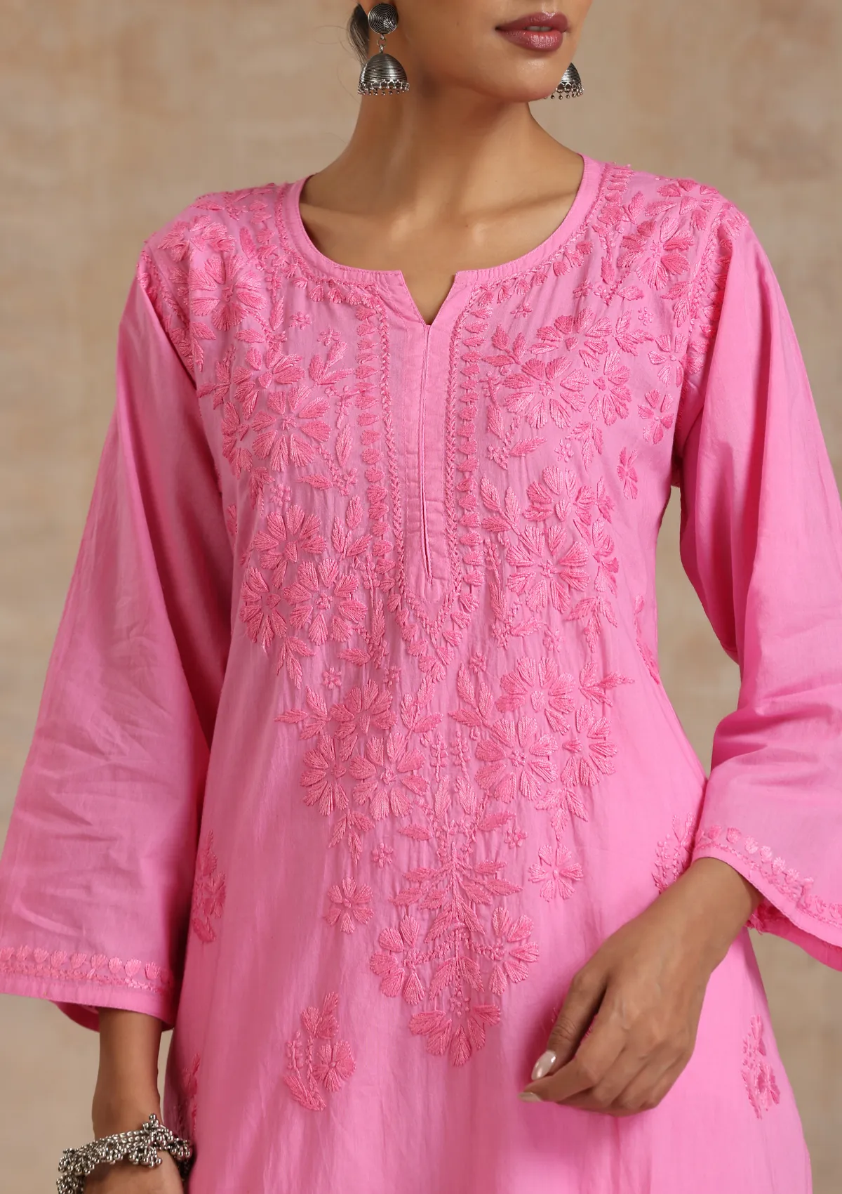 Cotton Chikankari Solid Women's Long Kurta - Pink