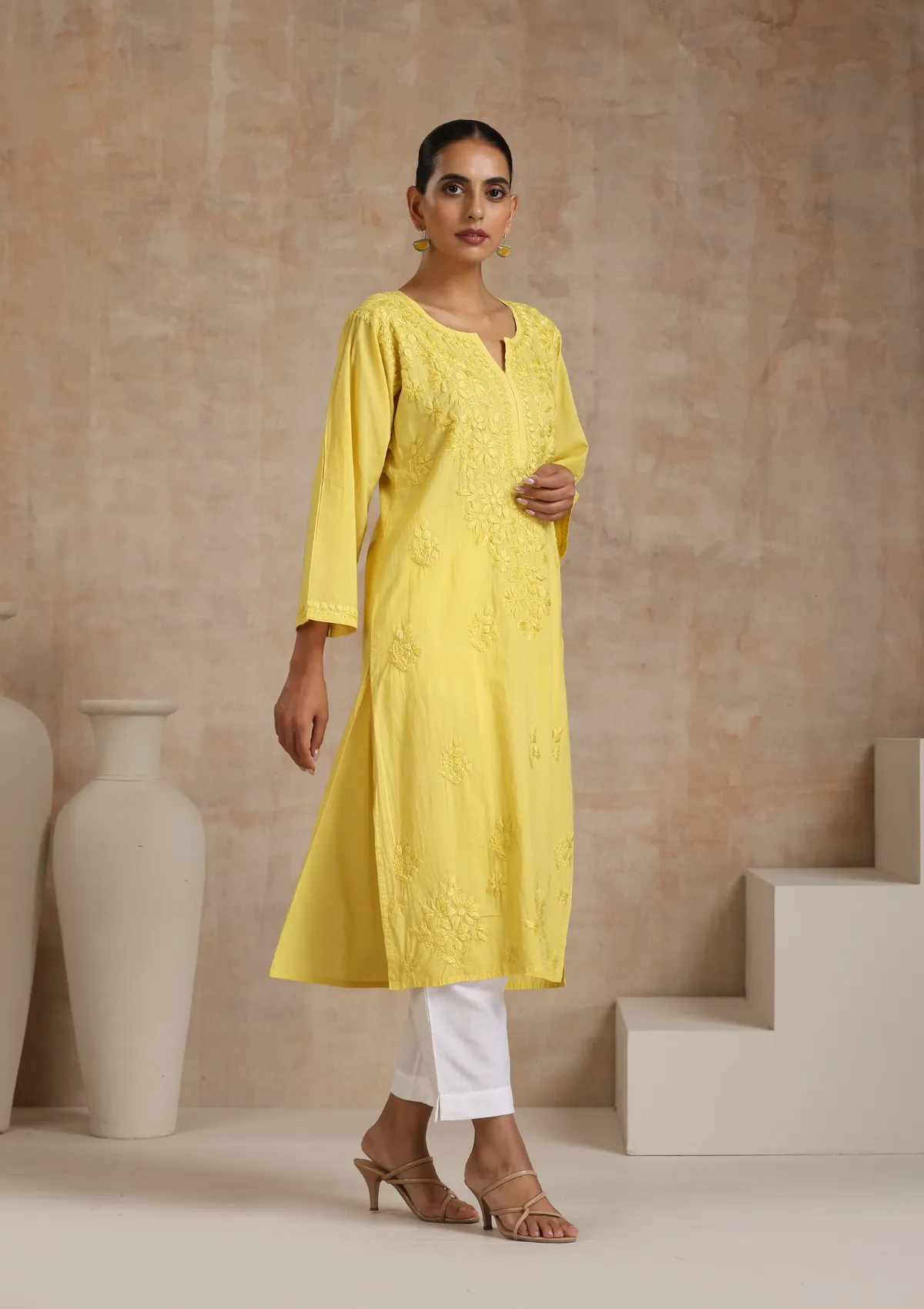 Cotton Chikankari Solid Women's Long Kurta - Yellow