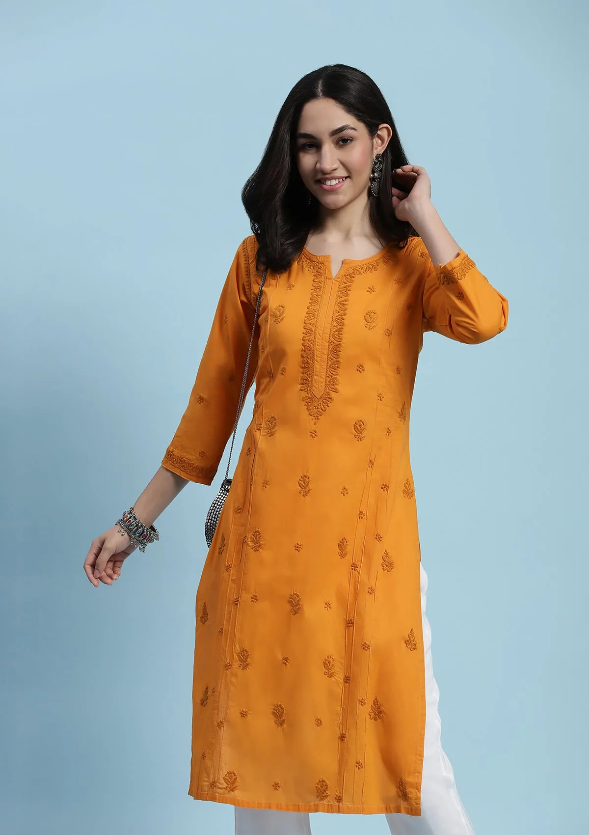 Cotton Chikankari Solid Women's Long Kurta - Yellow