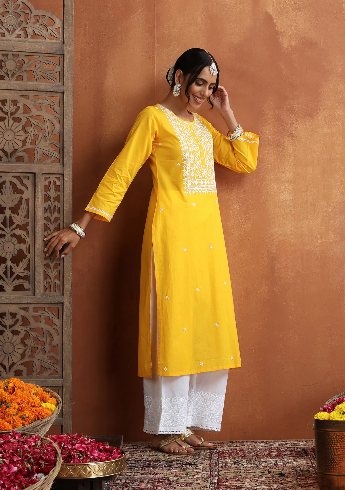 Cotton Chikankari Solid Women's Long Kurta - Yellow