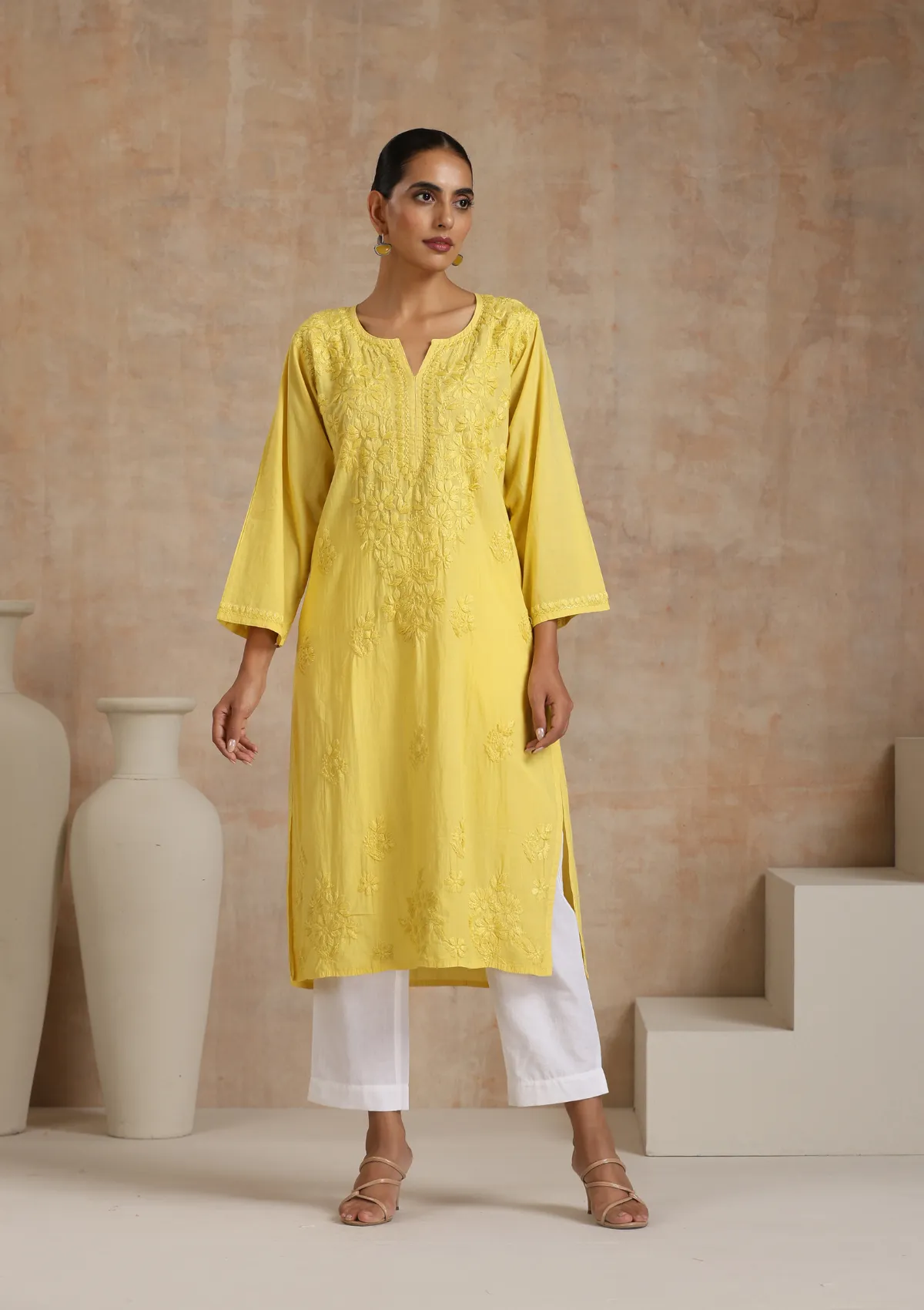 Cotton Chikankari Solid Women's Long Kurta - Yellow