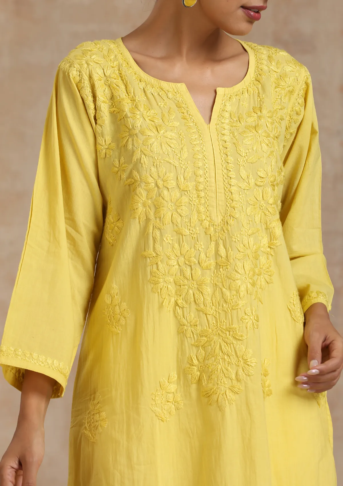 Cotton Chikankari Solid Women's Long Kurta - Yellow