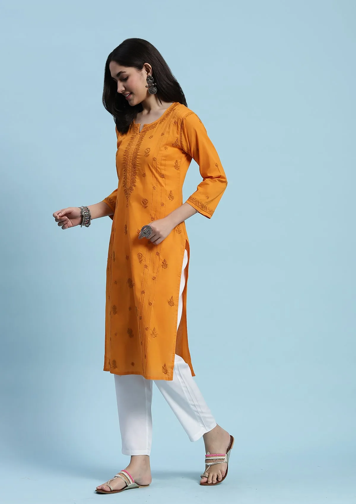 Cotton Chikankari Solid Women's Long Kurta - Yellow