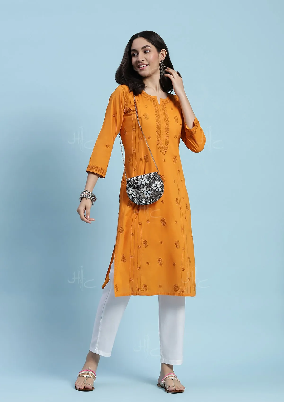 Cotton Chikankari Solid Women's Long Kurta - Yellow