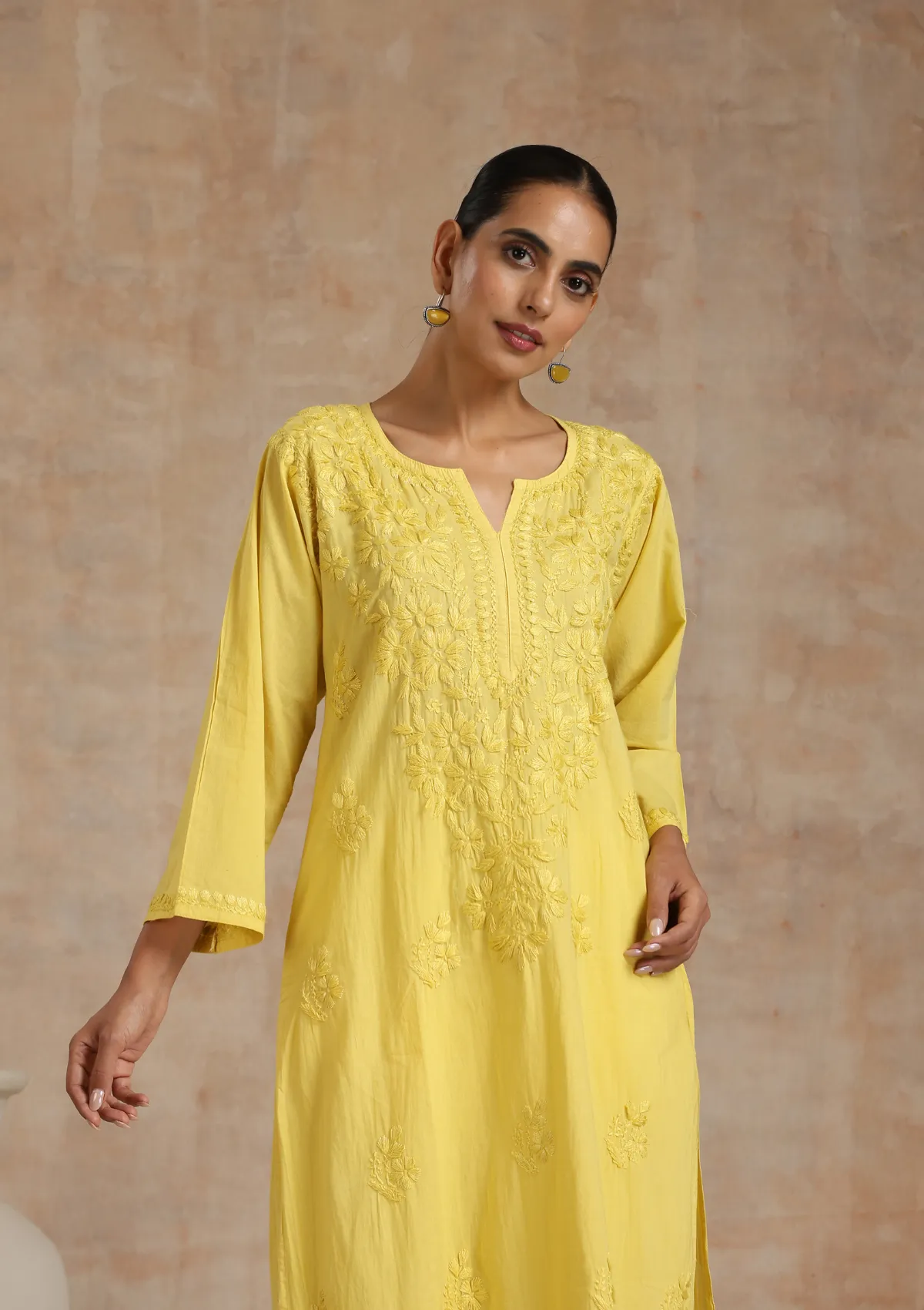 Cotton Chikankari Solid Women's Long Kurta - Yellow