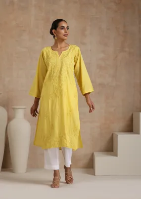 Cotton Chikankari Solid Women's Long Kurta - Yellow