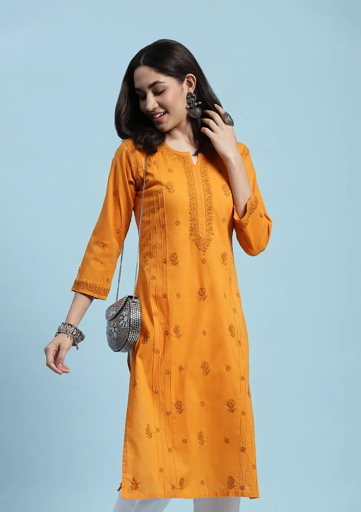 Cotton Chikankari Solid Women's Long Kurta - Yellow