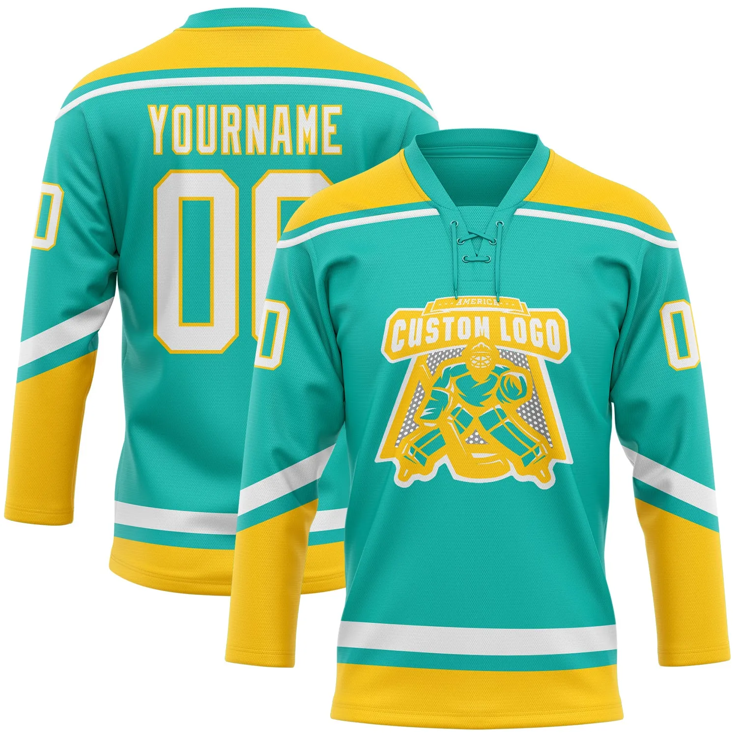 Custom Aqua White-Yellow Hockey Lace Neck Jersey