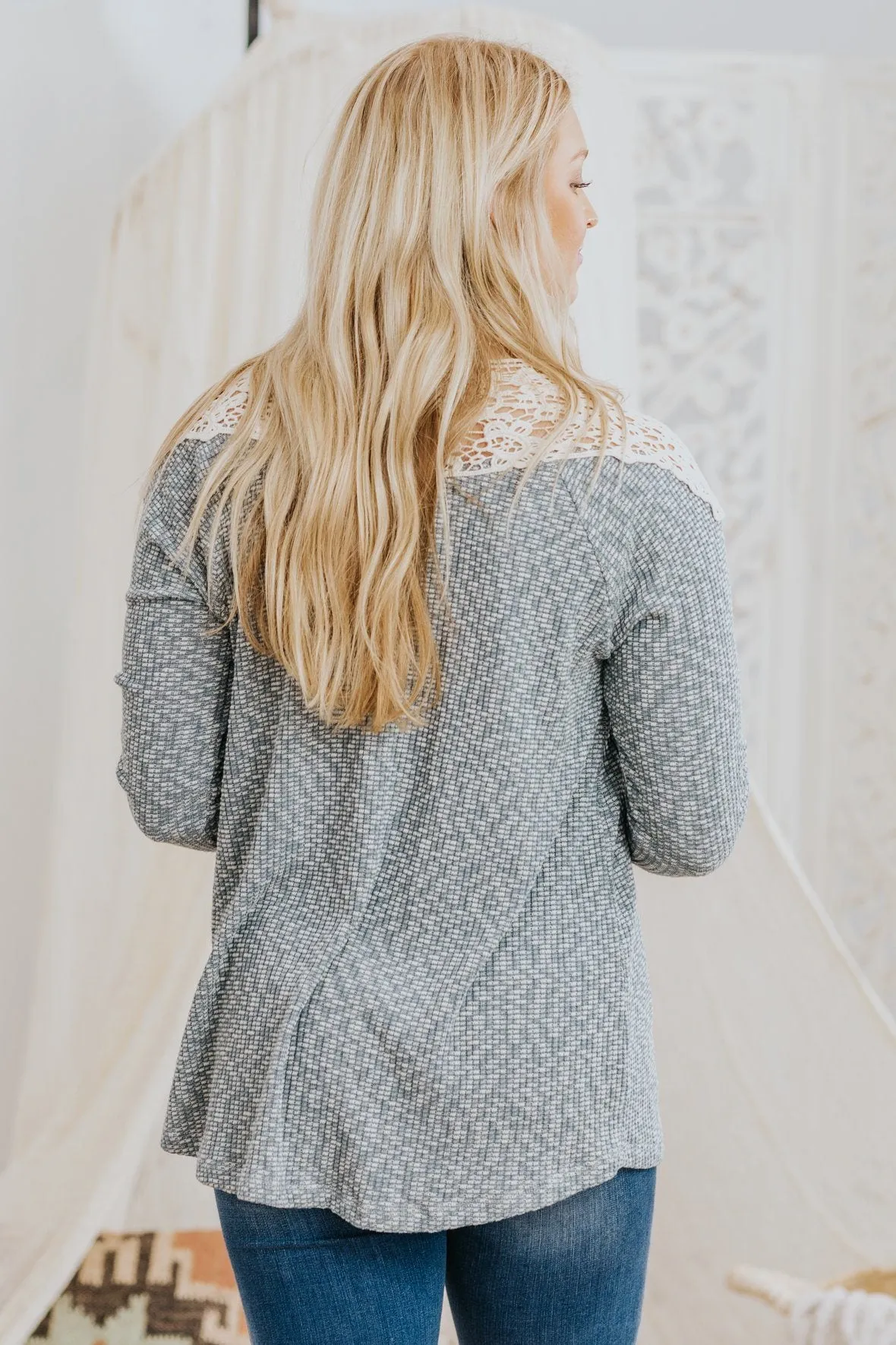 *DEAL* Your Own Mantra Crochet Shoulder Detail Long Sleeve Top in Dusty Blue