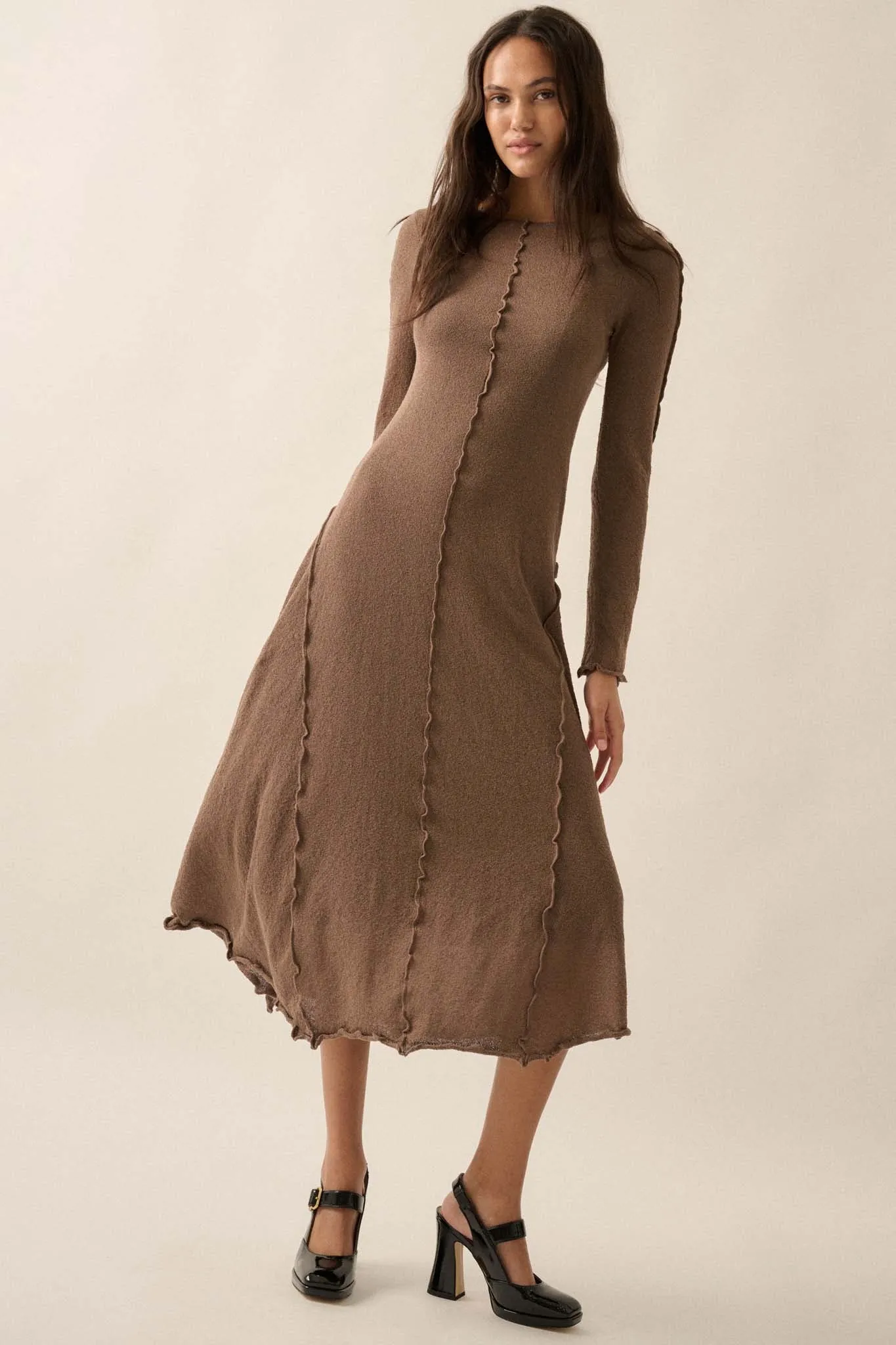 Earth Mother Textured Knit Exposed-Seam Midi Dress