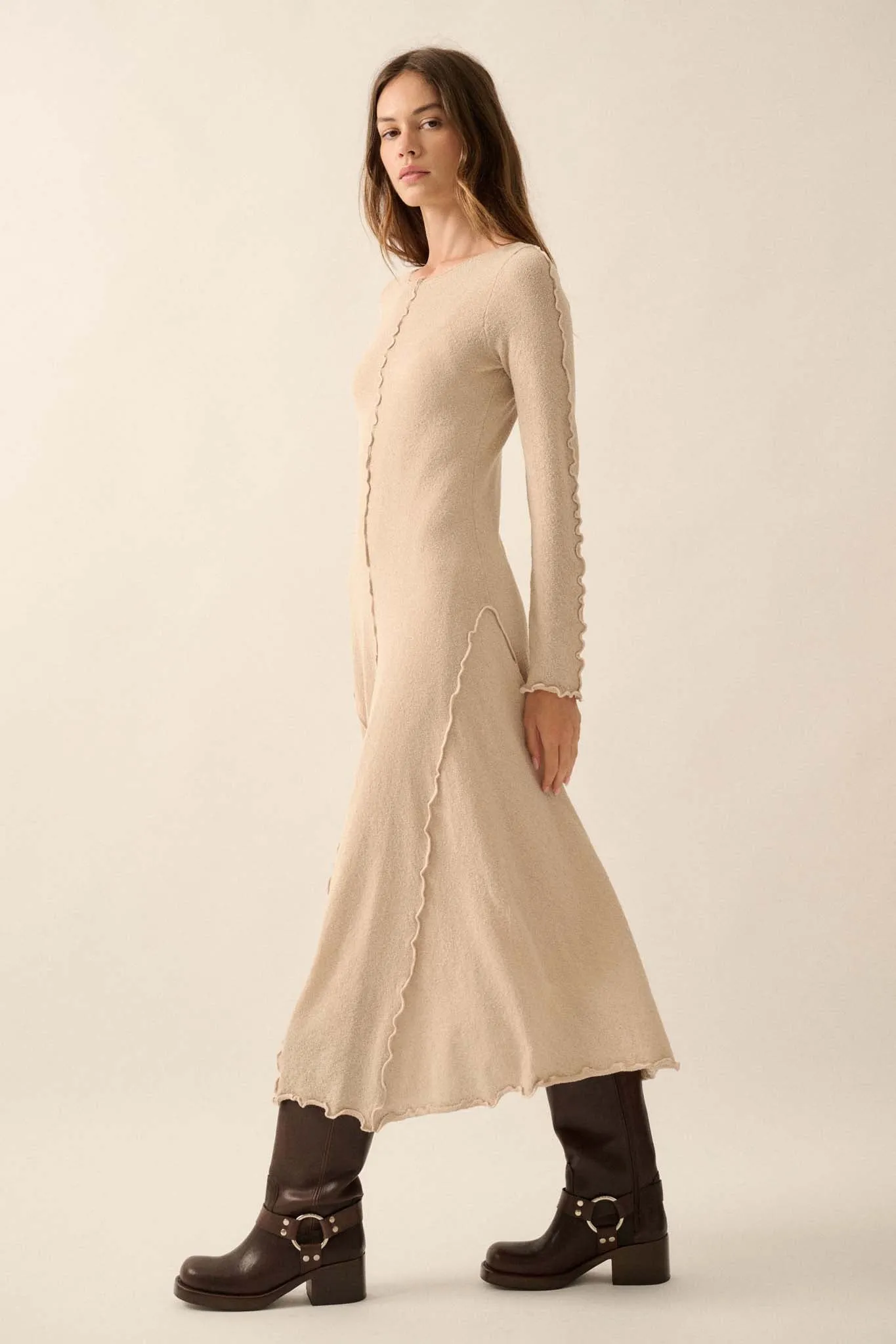 Earth Mother Textured Knit Exposed-Seam Midi Dress