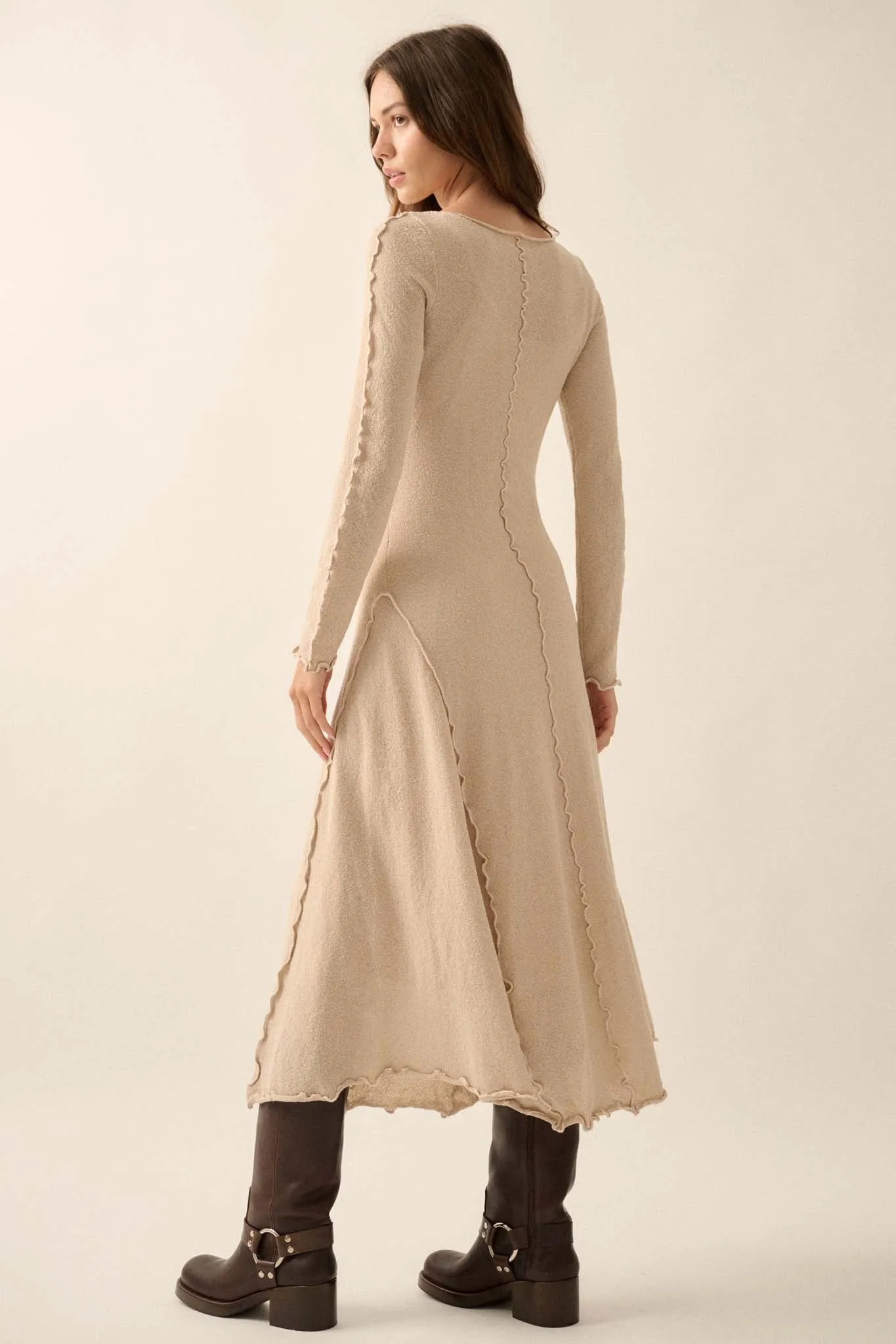 Earth Mother Textured Knit Exposed-Seam Midi Dress