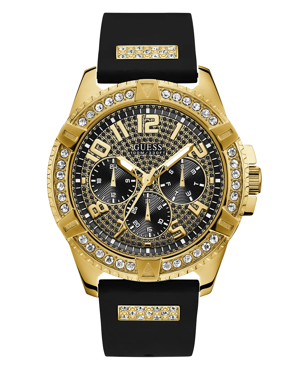 GUESS Mens Black Gold Tone Multi-function Watch