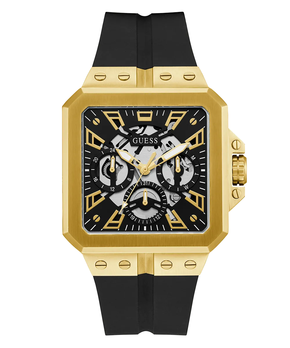 GUESS Mens Black Gold Tone Multi-function Watch