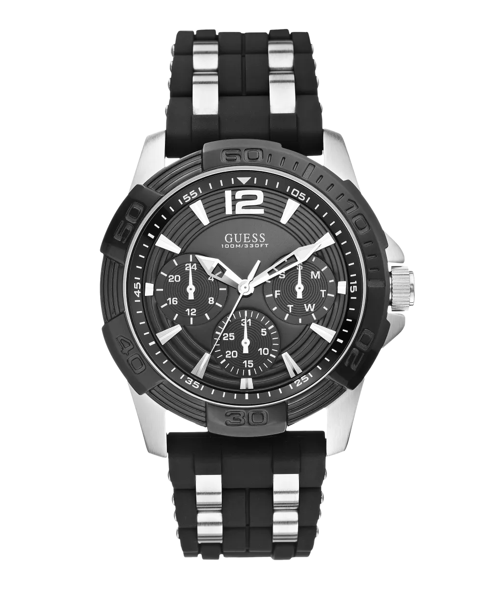 GUESS Mens Black Silver Tone Multi-function Watch