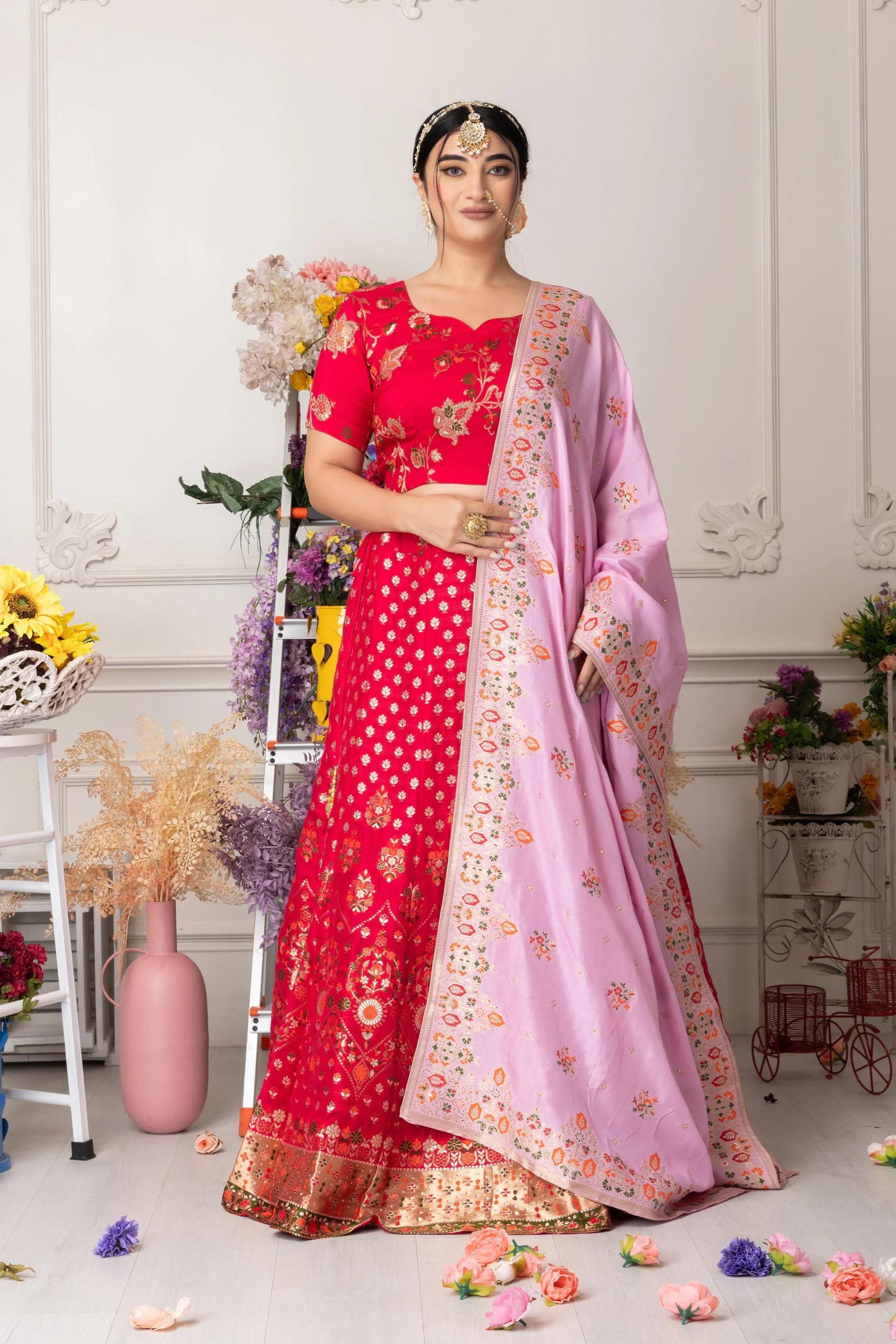 Gulabi Jhankaar Banarasi Silk Lehenga