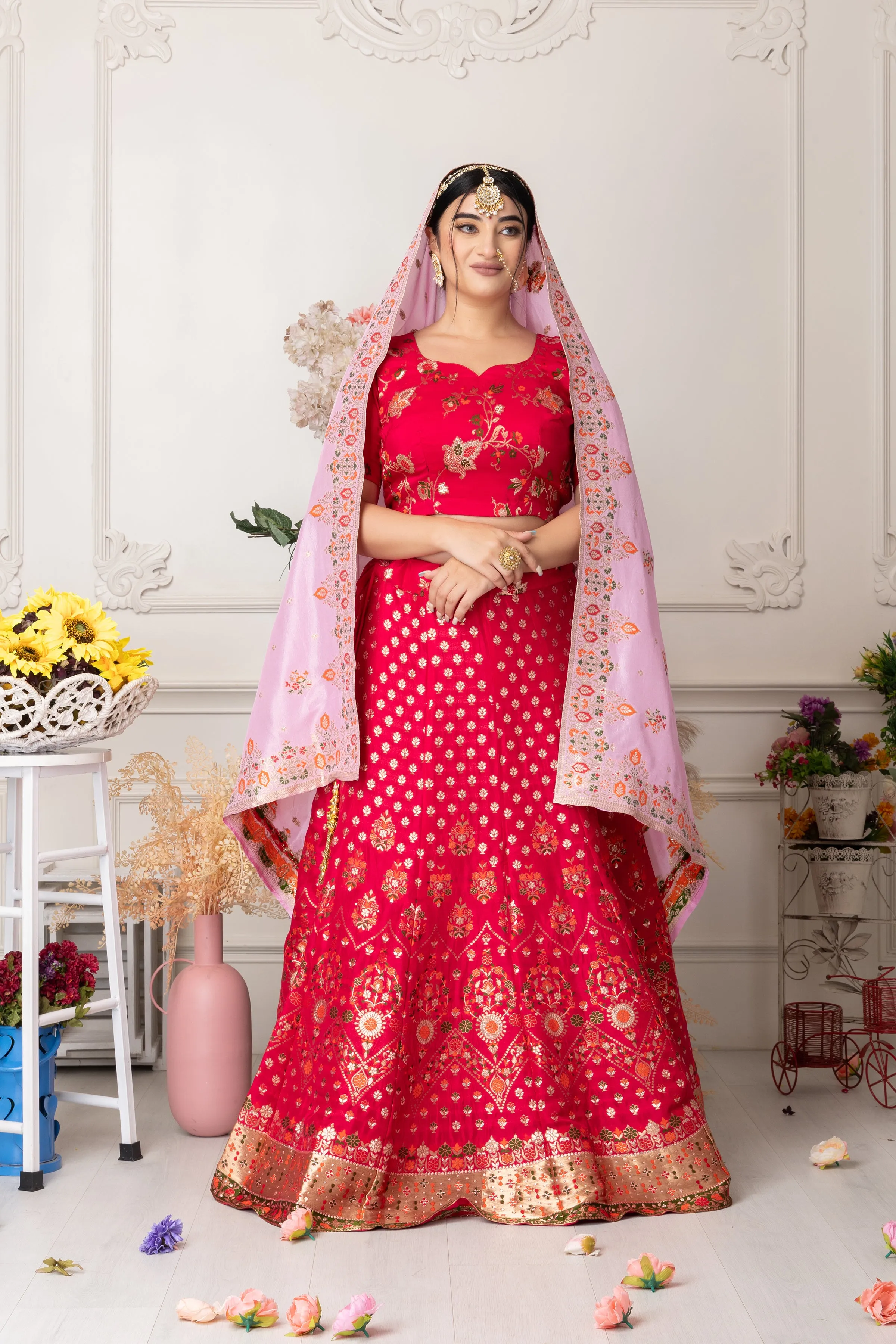 Gulabi Jhankaar Banarasi Silk Lehenga