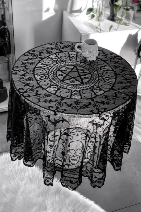 Killstar Asra Black Round Lace Tablecloth Bats Skulls Witchy