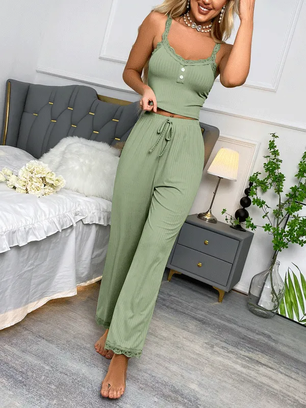 Lace Trim Strap Top & Long Pants Set