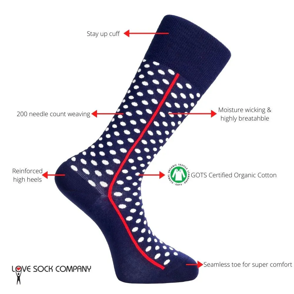 Love Sock Company Men's Funky Cool Polka Dots Dress Socks Red Line Navy (M)